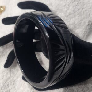 Vintage Black Carved Bangle Bracelet Art Deco Style Wide Chunky Statement Cuff